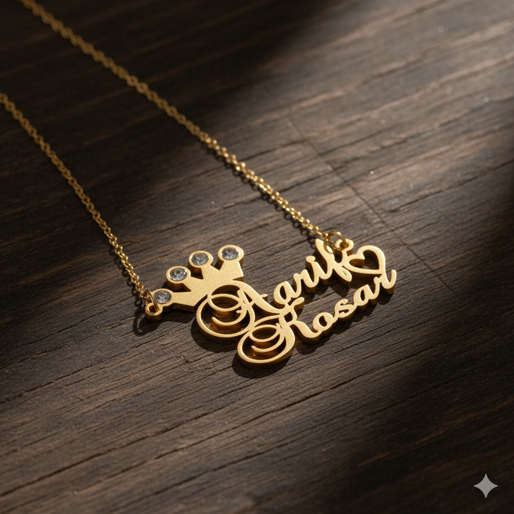 Customized Double Name Pendant Necklace With Heart And Crown