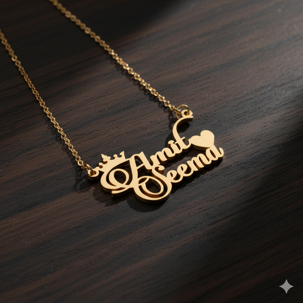 Exclusive Double Name Necklace With Crown And Heart