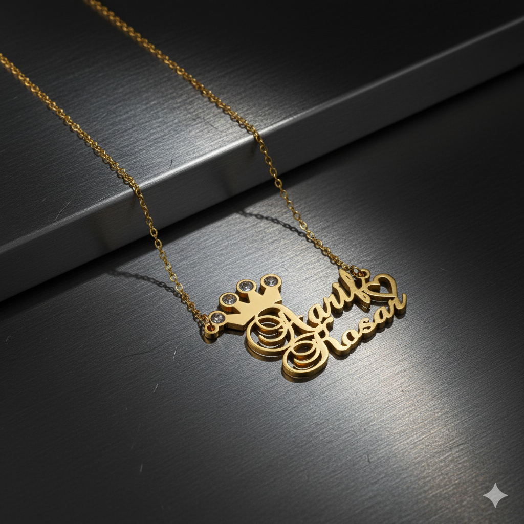 Customized Double Name Pendant Necklace With Heart And Crown