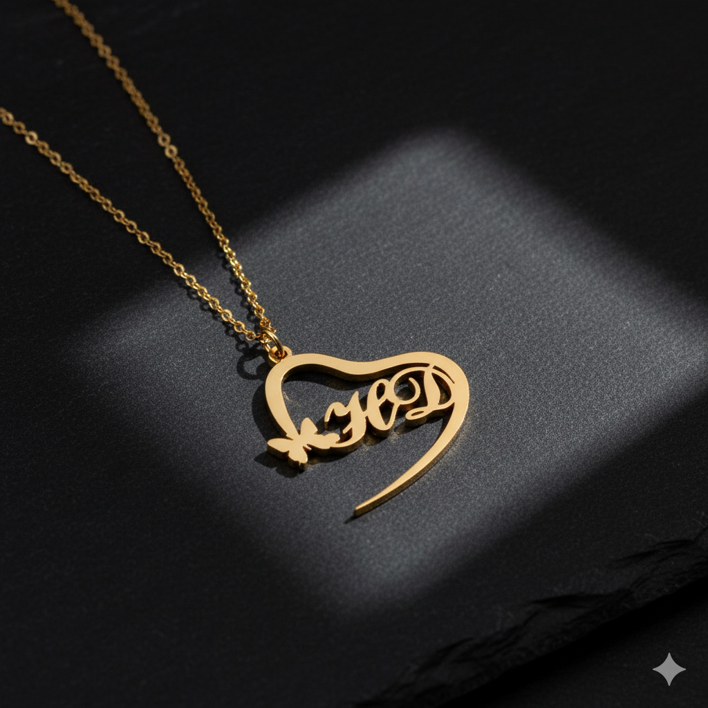 Double Initial Heart Necklace With Butterfly