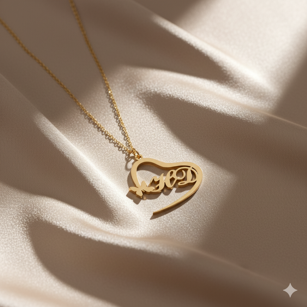 Double Initial Heart Necklace With Butterfly