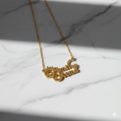 Exclusive Double Name Necklace With Crown And Heart