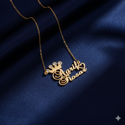 Customized Double Name Pendant Necklace With Heart And Crown