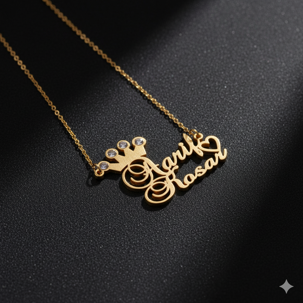 Customized Double Name Pendant Necklace With Heart And Crown