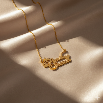 Exclusive Double Name Necklace With Crown And Heart