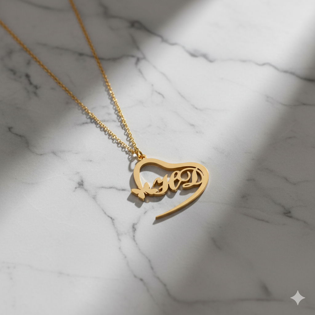 Double Initial Heart Necklace With Butterfly