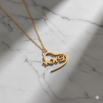 Double Initial Heart Necklace With Butterfly