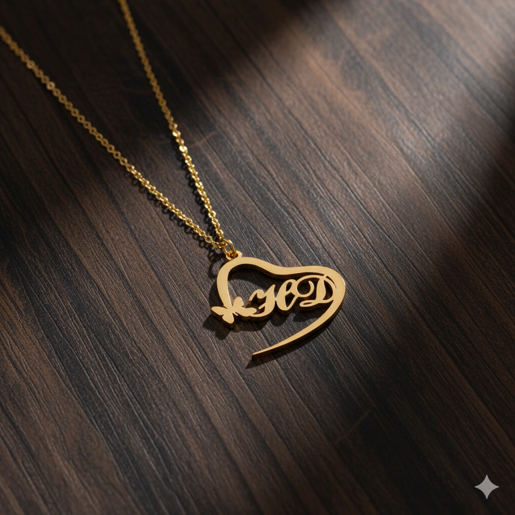 Double Initial Heart Necklace With Butterfly