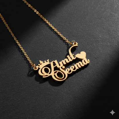 Exclusive Double Name Necklace With Crown And Heart